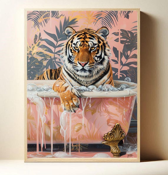 Tiger In Bathtub Floral Art Print Nature Unspired Pink Poster Majestic Vintage Style For Lover Gift Wildlife