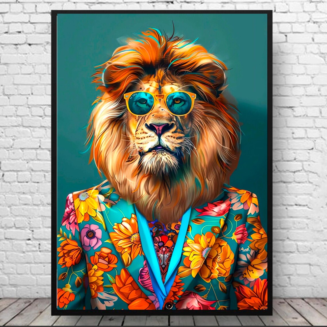 Trendy Lion Wearing Sunglasses Floral Suit Maximalist Art Poster