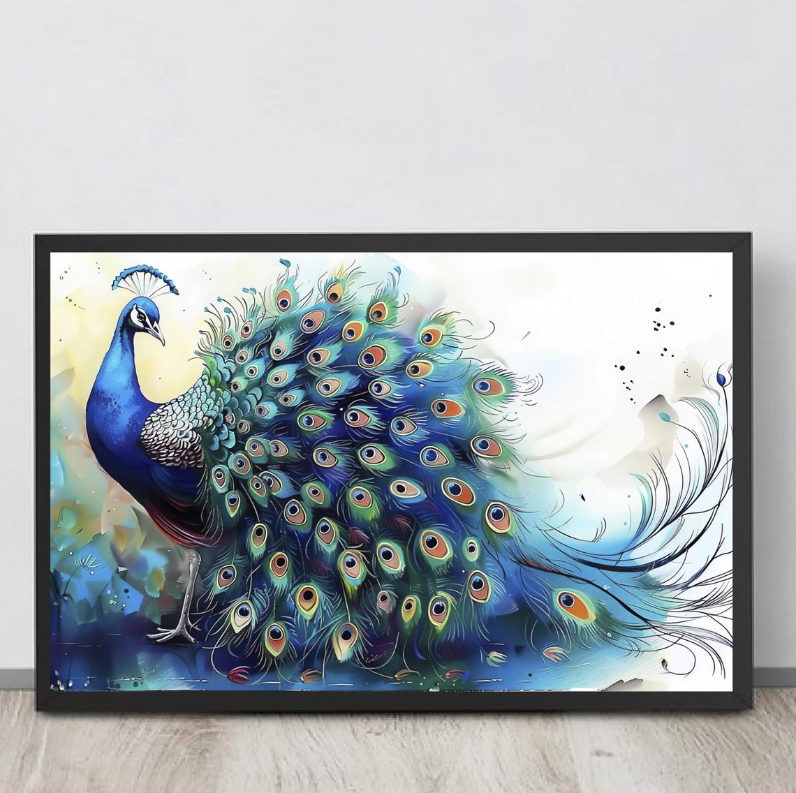 Blue Peacock with Colorful Watercolor Feathers Elegant Bird Art Poster