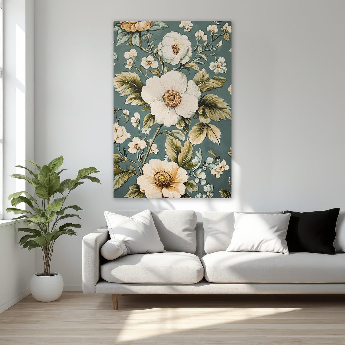 White Wildflowers On Deep Teal Vintage Botanical Floral Wall Art