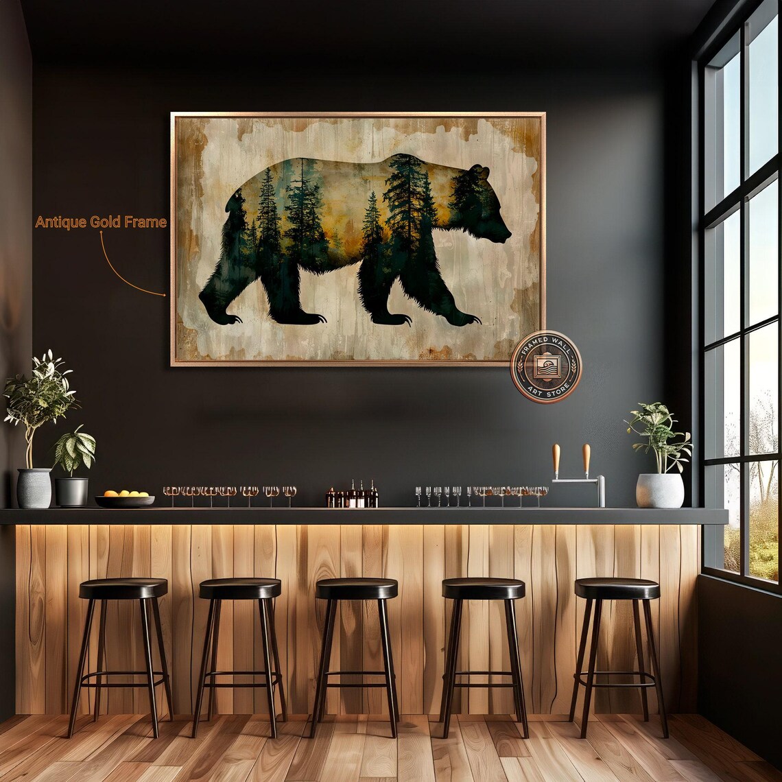 Rustic Bear Silhouette Forest Landscape Wall Art Print - Image 4