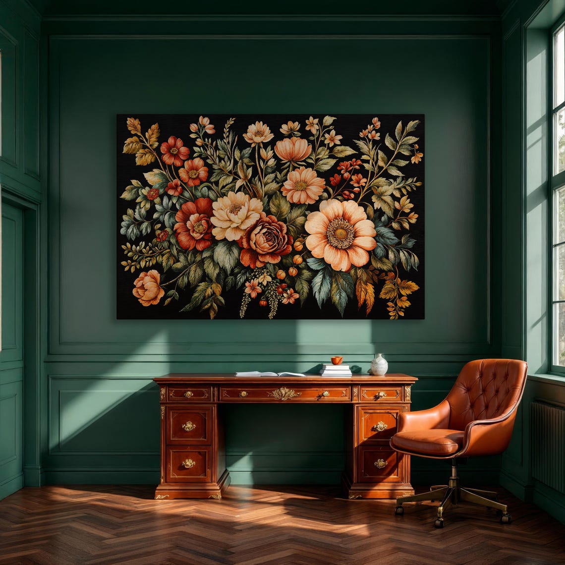 Vintage Flower Bouquet Dark Botanical Framed Canvas Wall Art