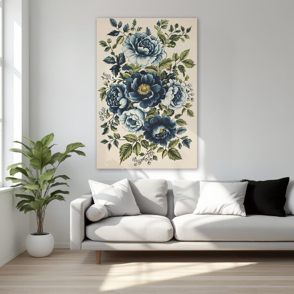 Blue Peony Blossoms Vintage Botanical Floral Bouquet Canvas Print