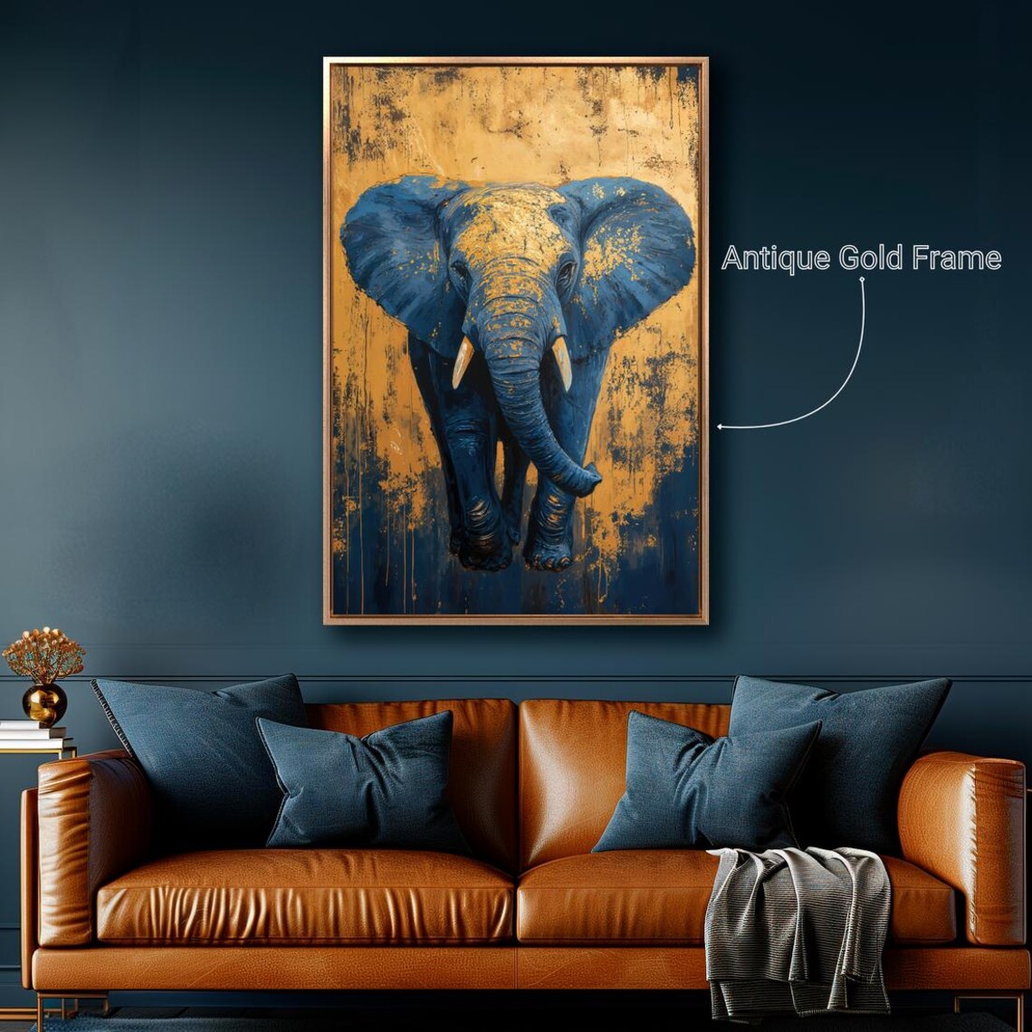 Navy Blue Elephant Portrait Gold Leaf Texture Background Wildlife Poster - Image 5