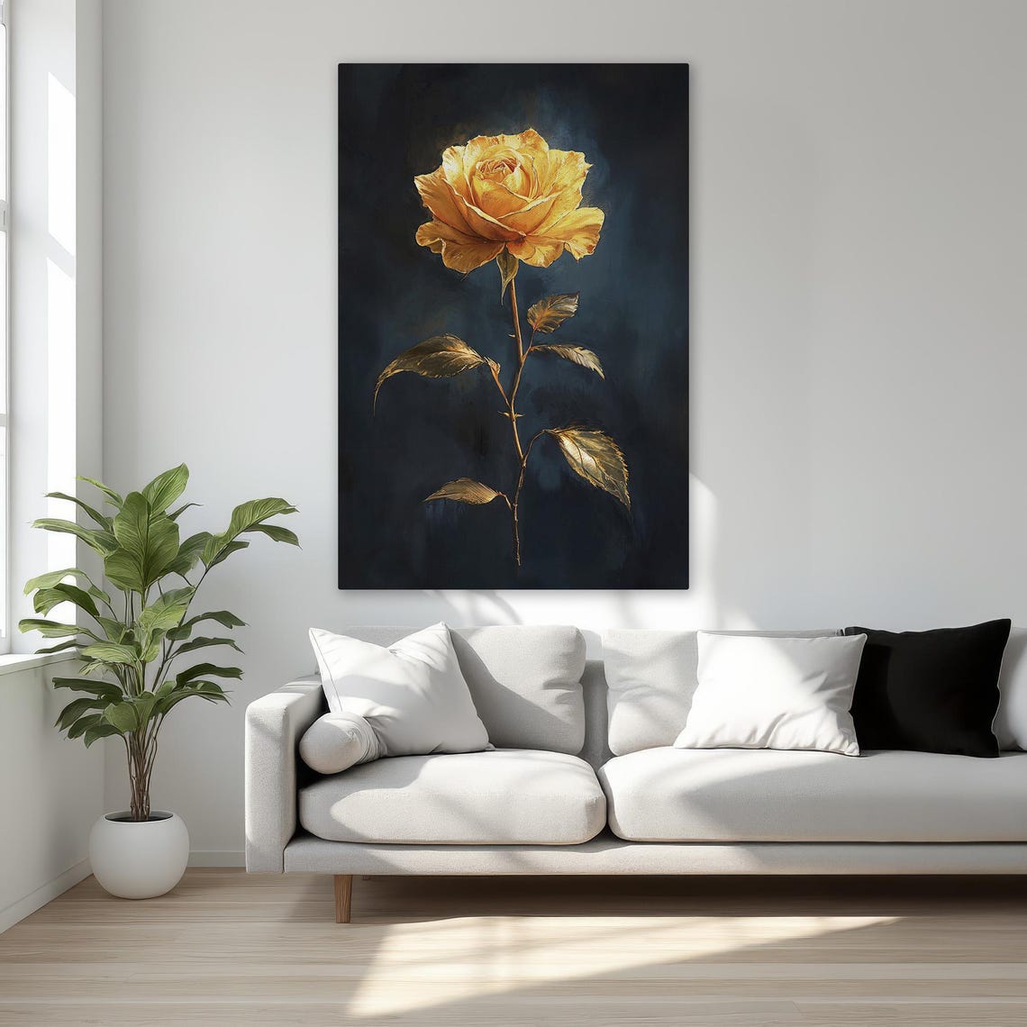 Golden Yellow Rose With Gold Leaves Dark Moody Botanical Wall Art