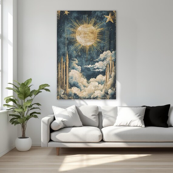 Golden Sun Starry Sky Celestial Towers Mystical Canvas Print