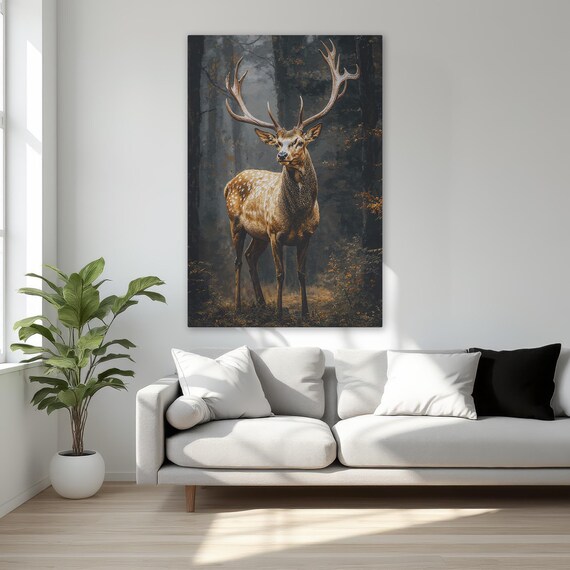 Majestic Stag In Forest Wildlife Framed Canvas Print Animal Portrait Wall Art Graceful Deer Decor Gift For Him Ready To Hang