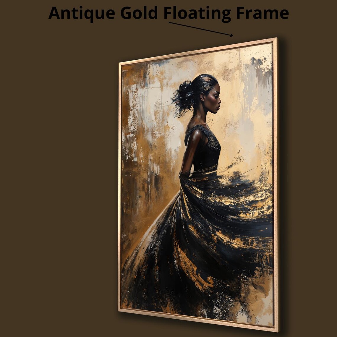 Woman In Flowing Black Gold Dress Profile Elegant Fashion Wall Art Print - Image 4
