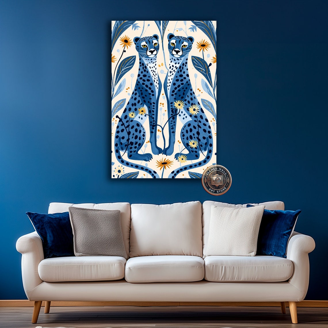 Two Blue Cheetahs Sitting Botanical Illustration Animal Art Poster - Image 5