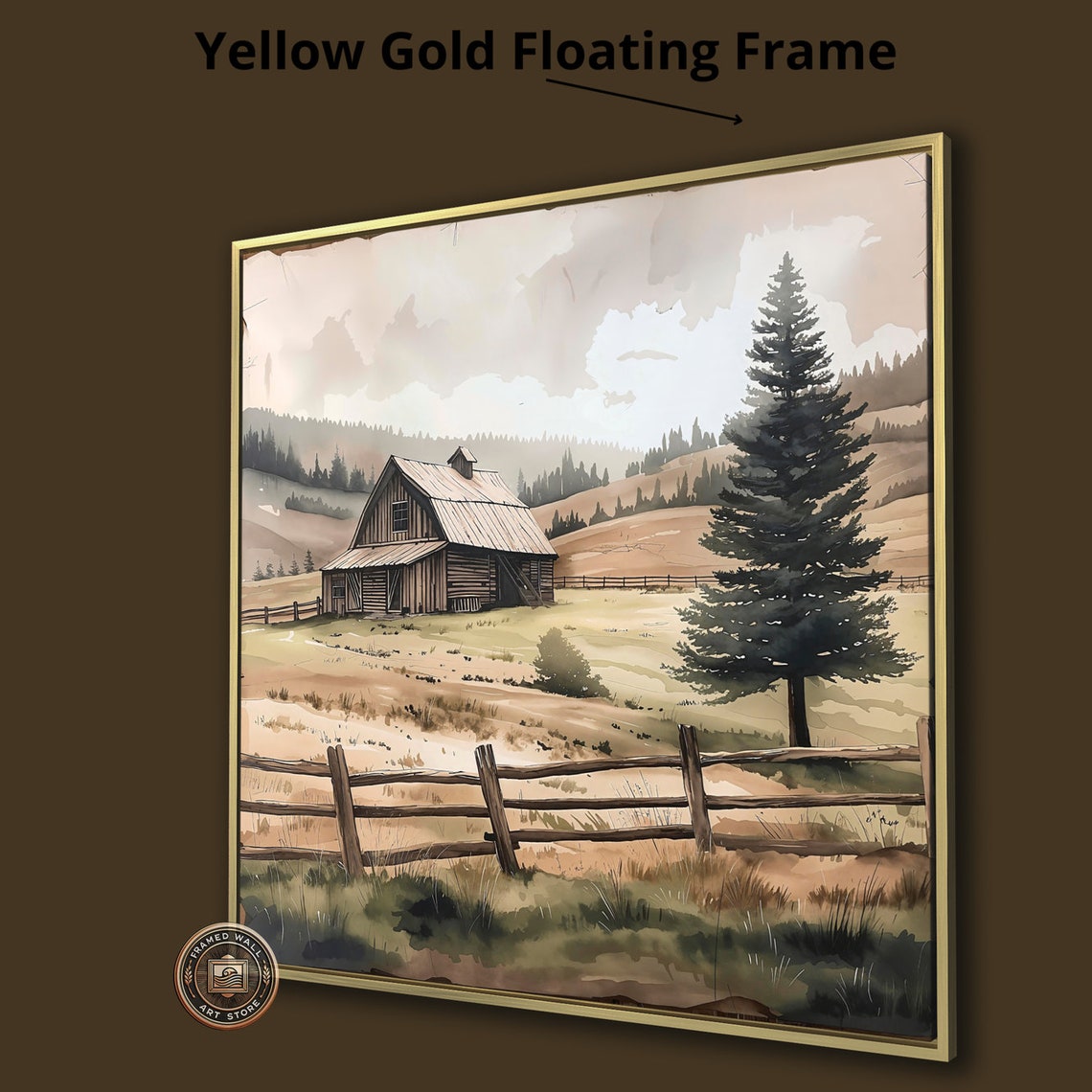 Rustic Wooden Barn Pine Tree Rolling Hills Watercolor Art Poster - Image 3