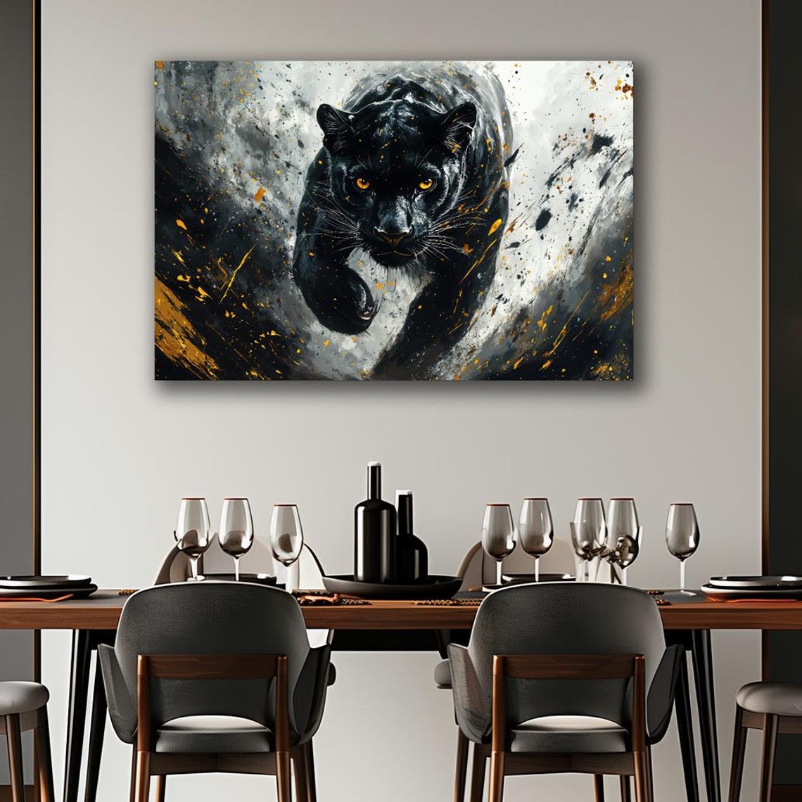 Fierce Black Panther Golden Splash Eyes Modern Big Cat Art Poster - Image 3