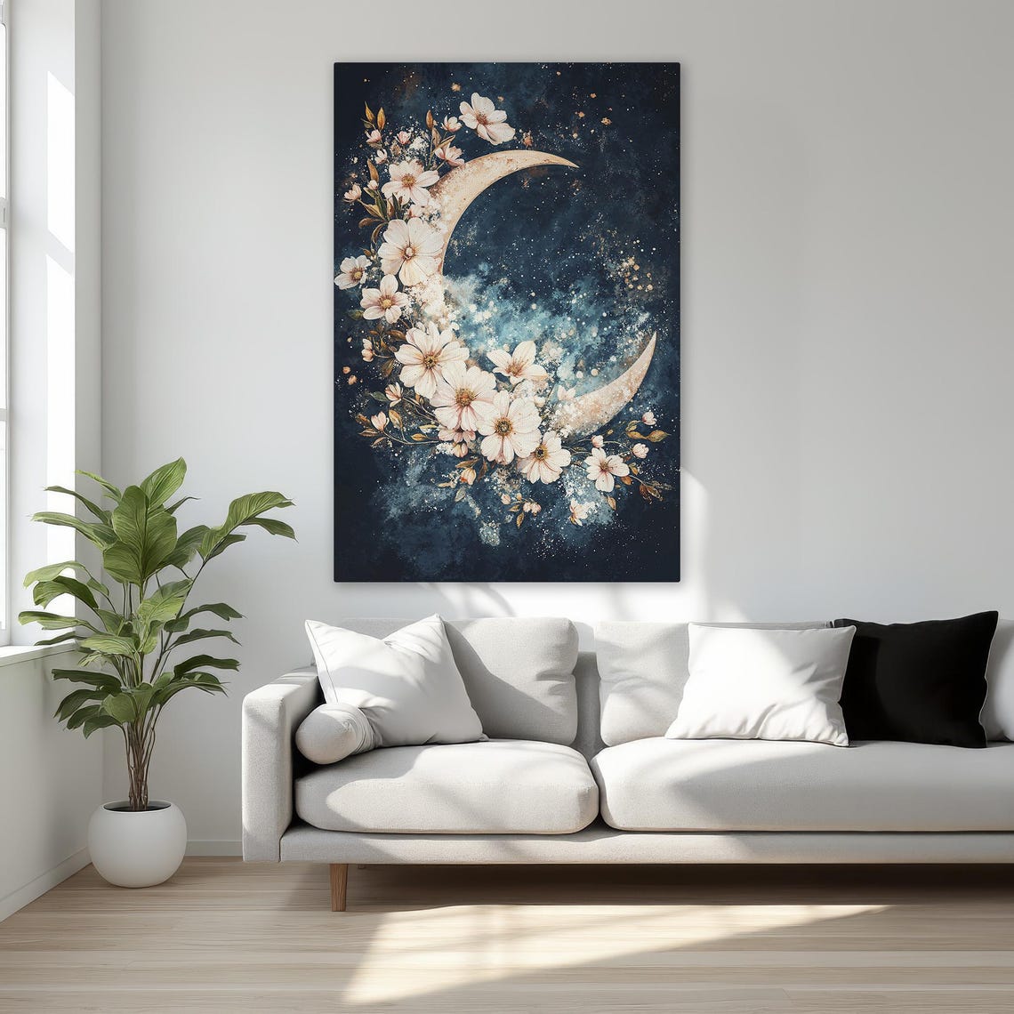 Crescent Moon with White Flowers Celestial Night Sky Art Poster