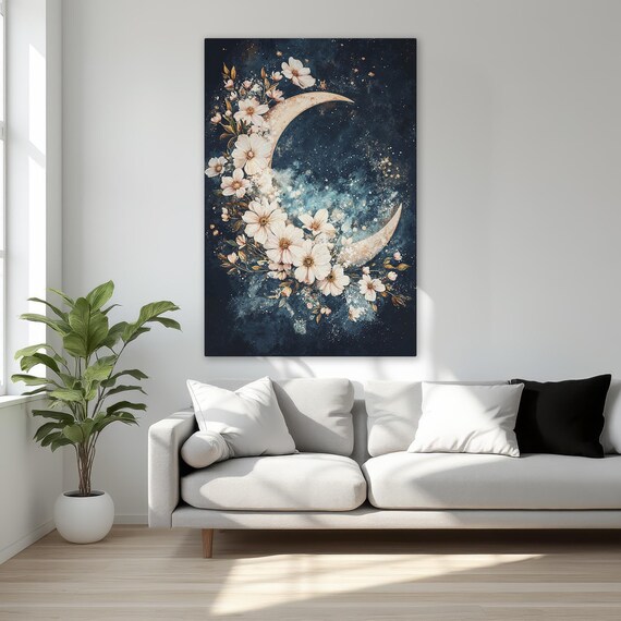 Crescent Moon And Flowers Framed Canvas Print Celestial Floral Wall Art Starry Night Sky Fantasy Lunar Decor Ready To Hang