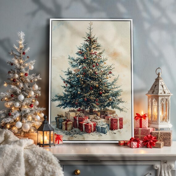 Decorated Christmas Tree Watercolor Painting Vintage Holiday Canvas Poster