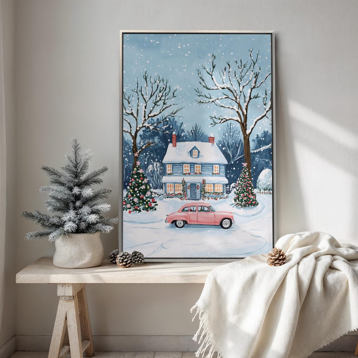 Pink Vintage Car And Snowy House Whimsical Winter Holiday Art Poster