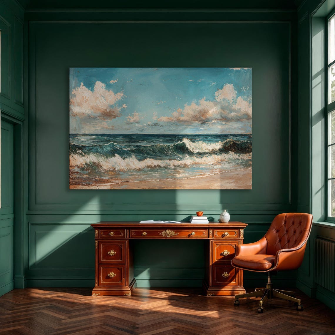 Beach Ocean Waves Cloudy Sky Impressionist Seascape Painting Poster