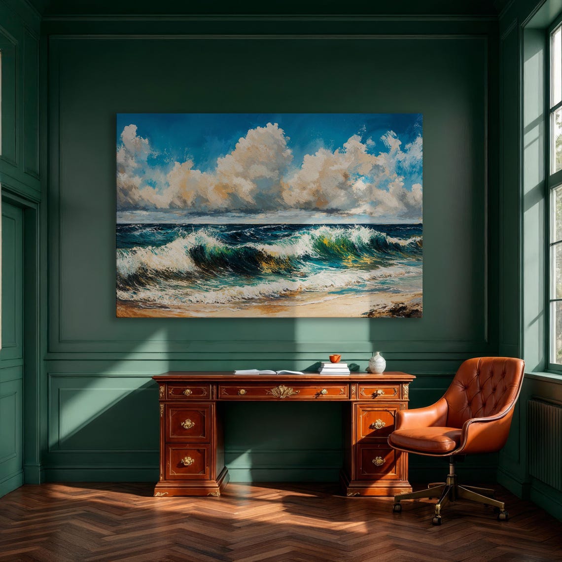 Blue Ocean Waves Crashing Under Cloudy Sky Oil Painting Poster