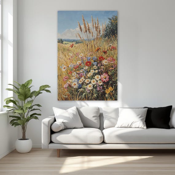 Summer Nature Landscape Framed Canvas Print Vibrant Wildflowers Field And Blue Sky Wall Art Countryside Decor Ready To Hang