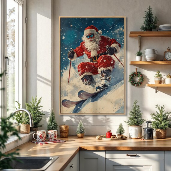 Cool Santa Claus Skiing With Sunglasses Snowy Winter Christmas Poster