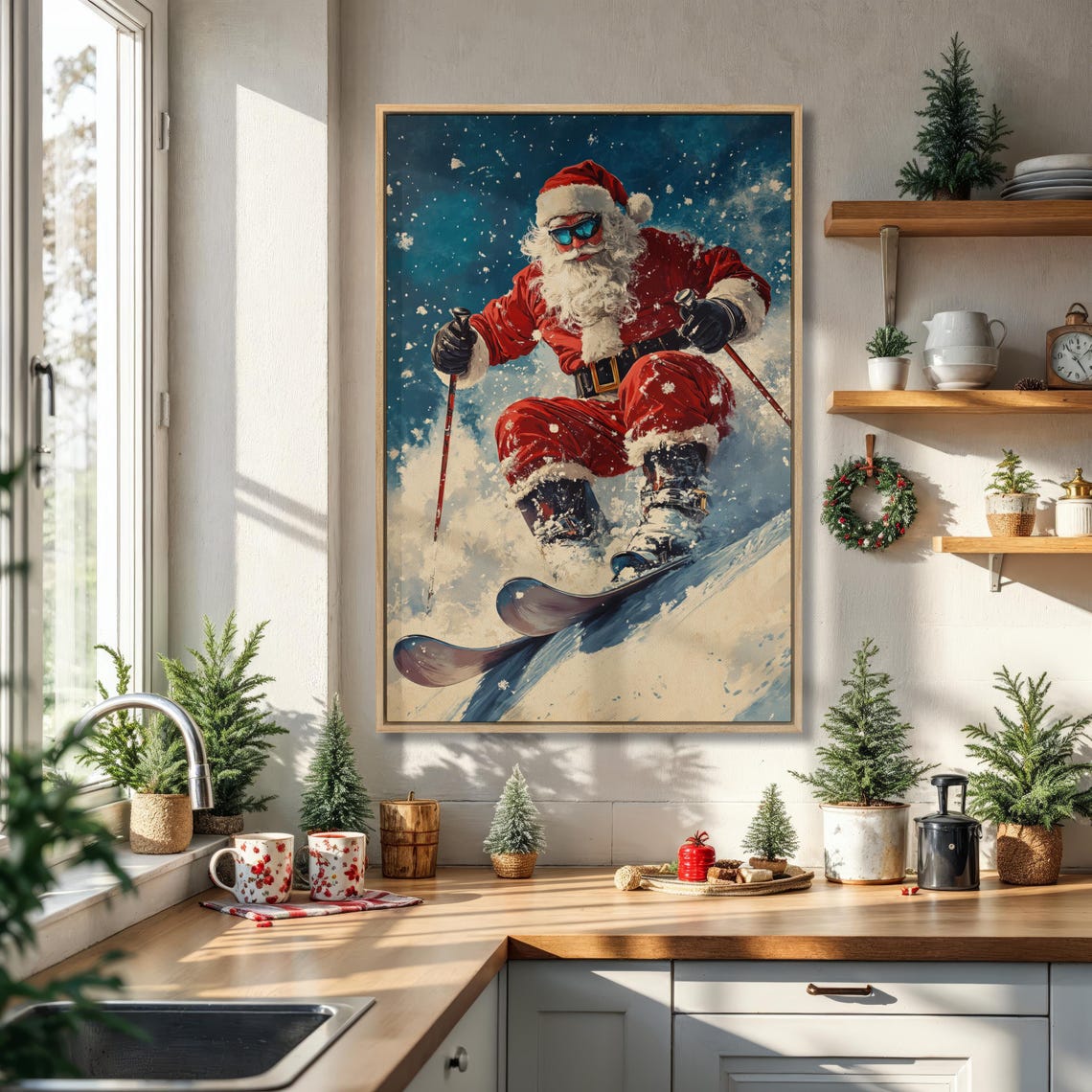 Cool Santa Claus Skiing With Sunglasses Snowy Winter Christmas Poster