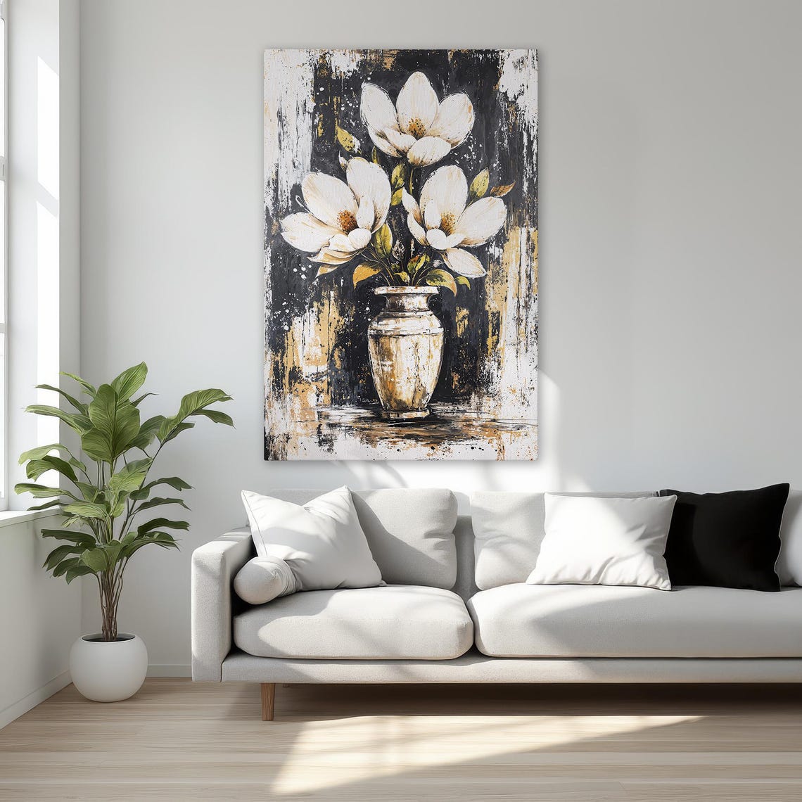 White Flowers in Vase Dark Botanical Floral Still Life Poster