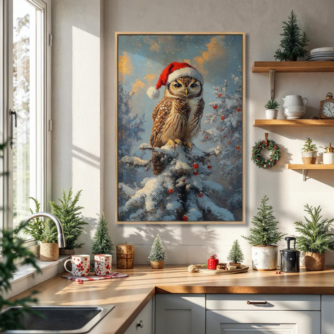 Owl Wearing Santa Hat on Snowy Pine Branch Festive Winter Art Poster