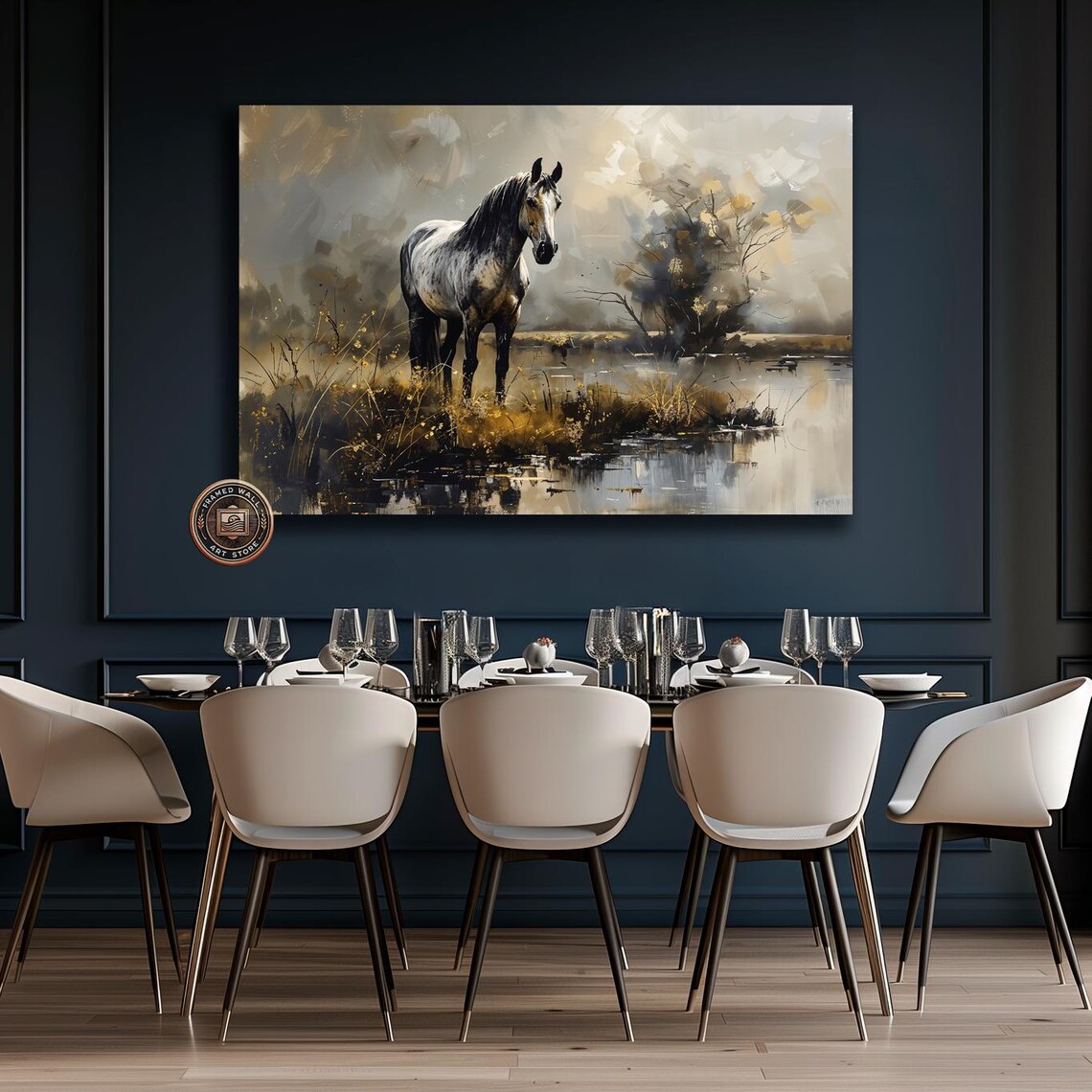 Gray Stallion by a Misty Pond, Rustic Landscape Art Print - Image 4