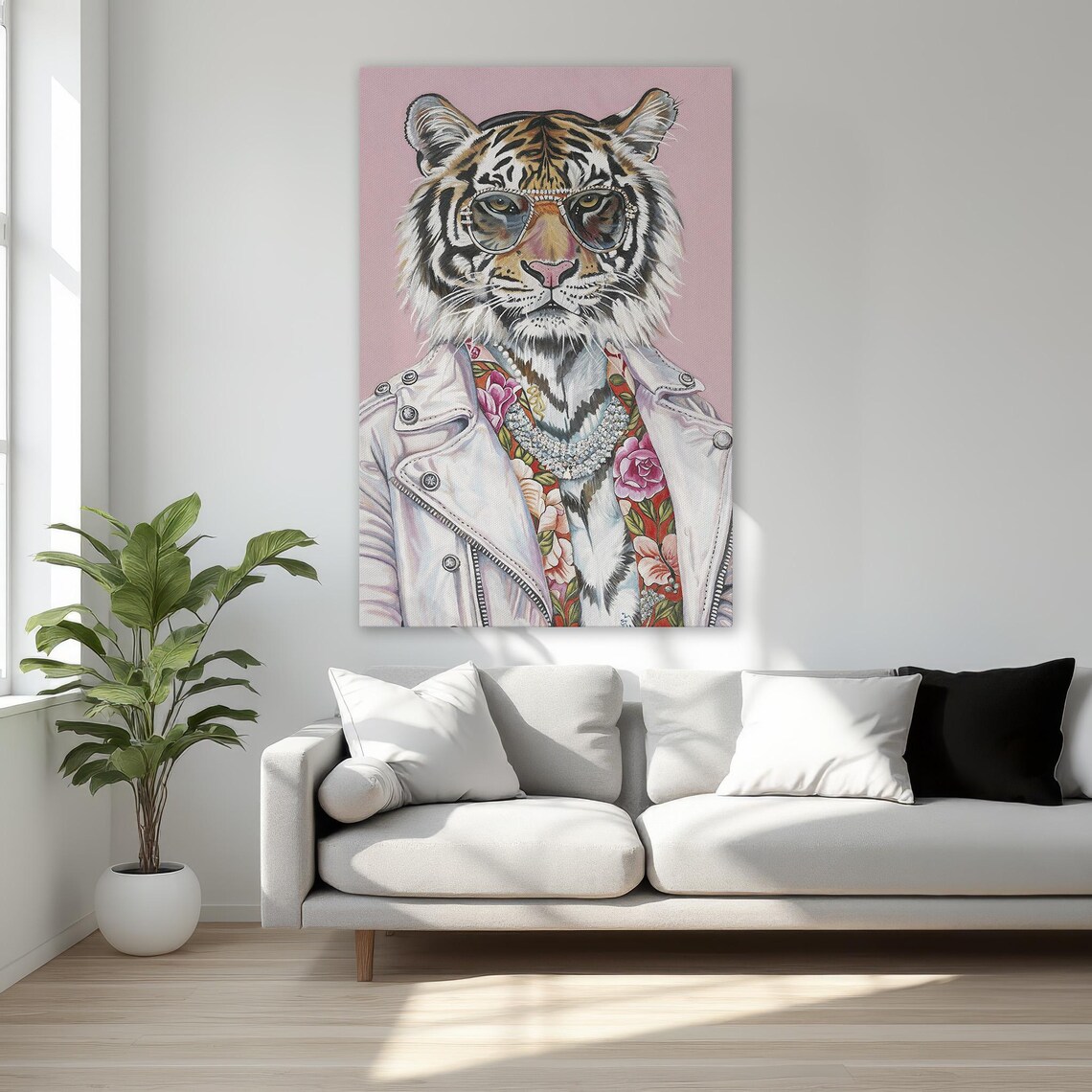 Stylish Tiger Sunglasses Floral Shirt White Jacket Funny Animal Poster