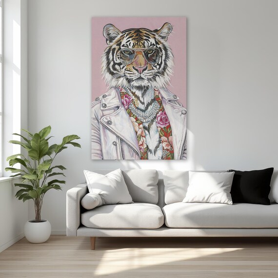Trendy Tiger With Glasses Wearing Jacket Fashionable Framed Canvas Print Quirky Animal Wall Art Stylish Decor Ready To Hang