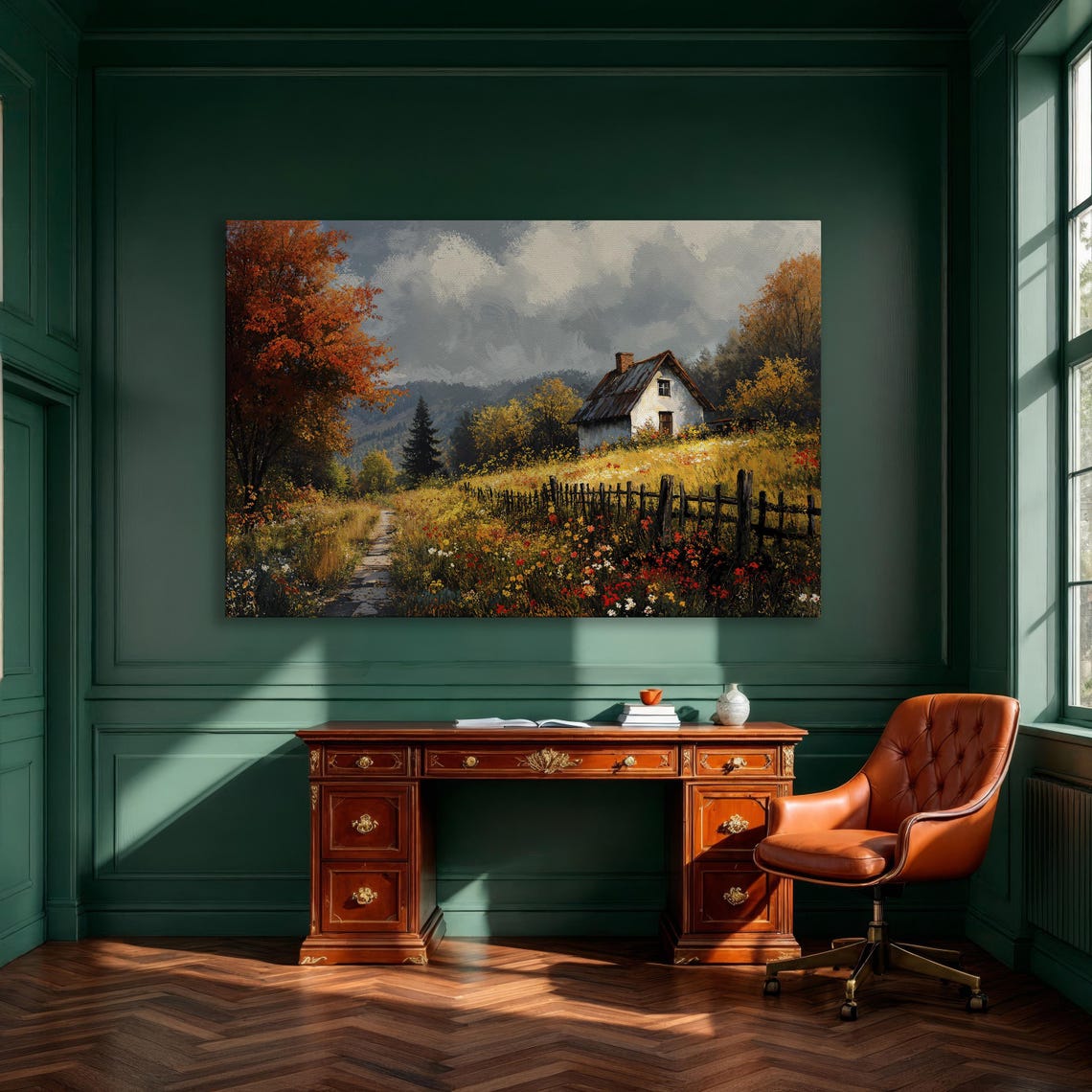 Cozy White Cottage In Autumn Meadow Wildflowers Countryside Poster