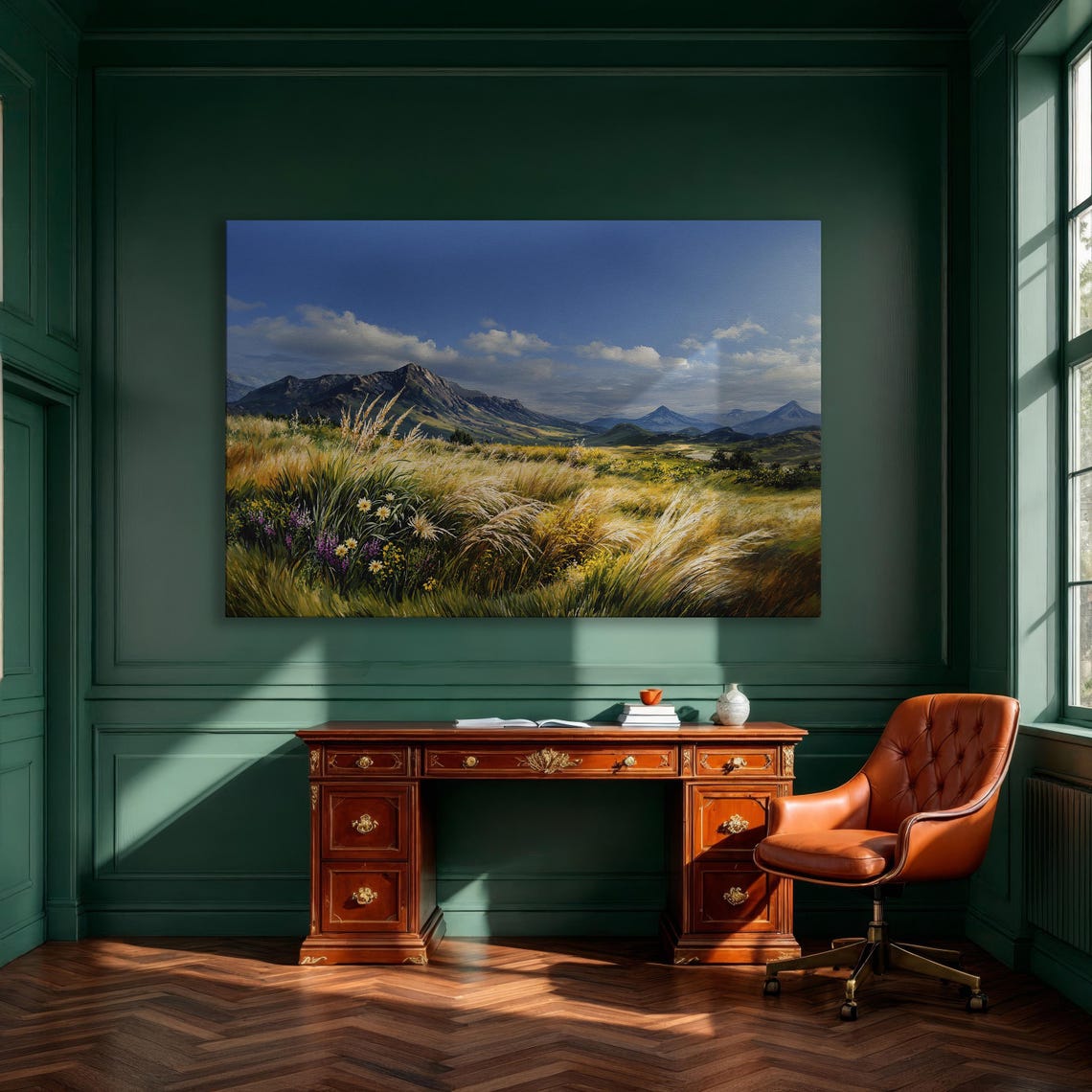Sunlit Wild Grass Mountain Meadow Bright Blue Sky Landscape Poster