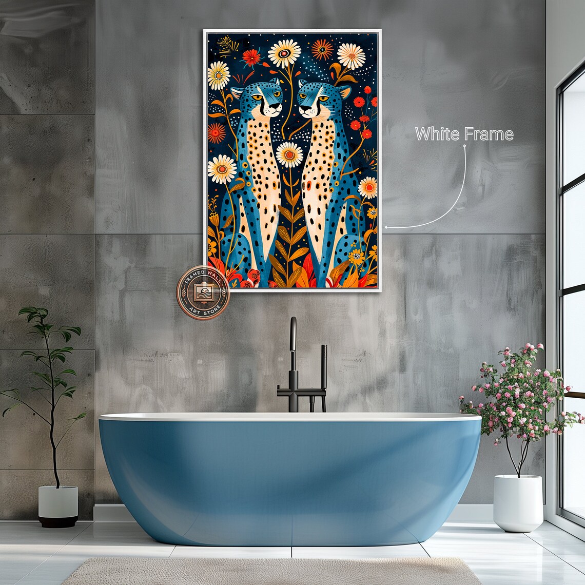 Whimsical Blue Cheetah Floral Wall Art Print - Image 2