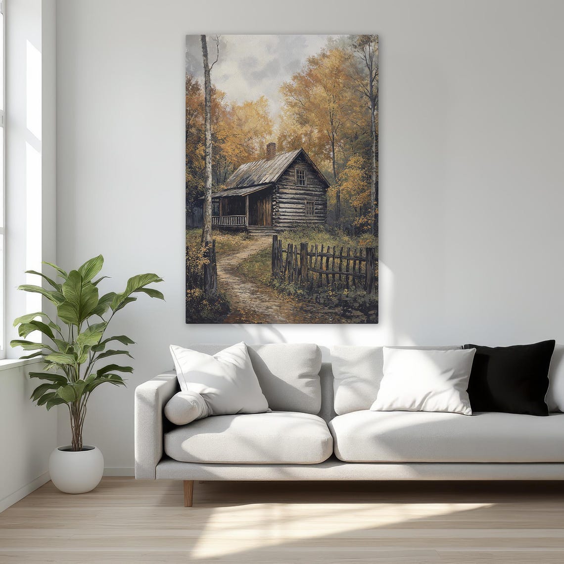 Rustic Log Cabin Autumn Woods Picket Fence Countryside Poster