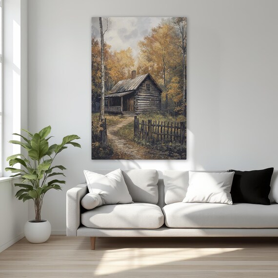 Rustic Log Cabin Autumn Woods Picket Fence Countryside Poster