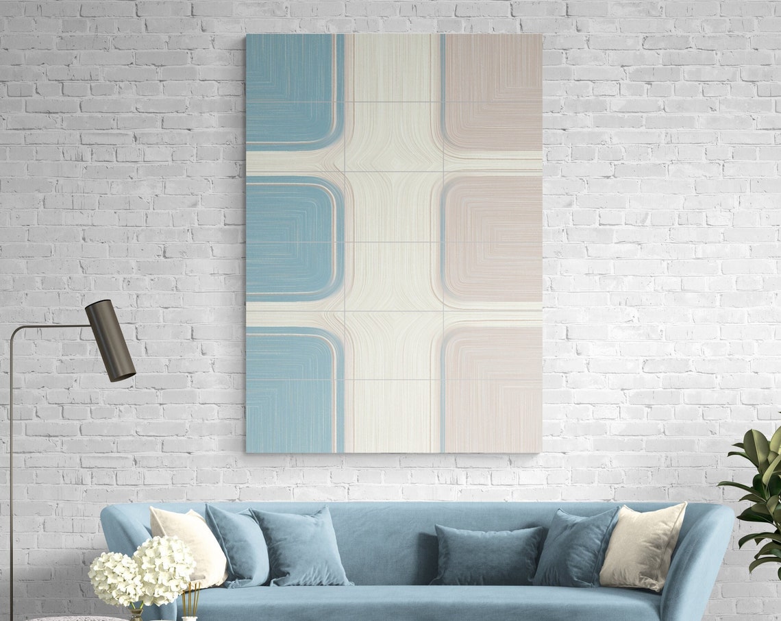 Blue and Beige Geometric Rounded Square Mid Century Art Print