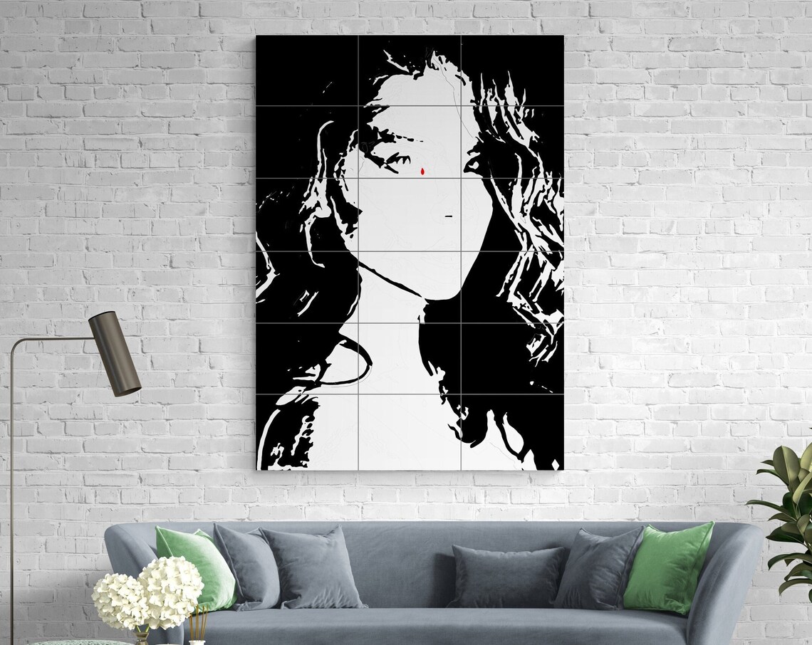 Stencil Portrait of a Woman with a Red Teardrop Black White Print