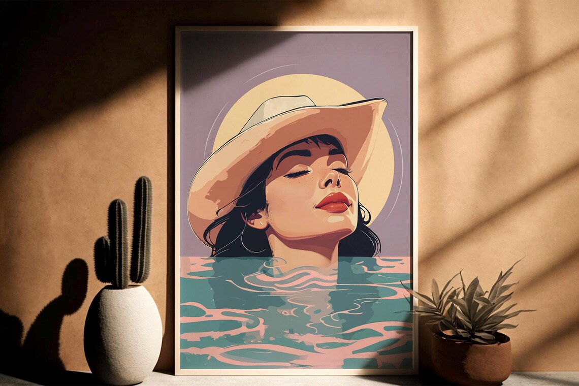 Cowgirl at Sunset Swim Retro Illustration Summer Western Poster