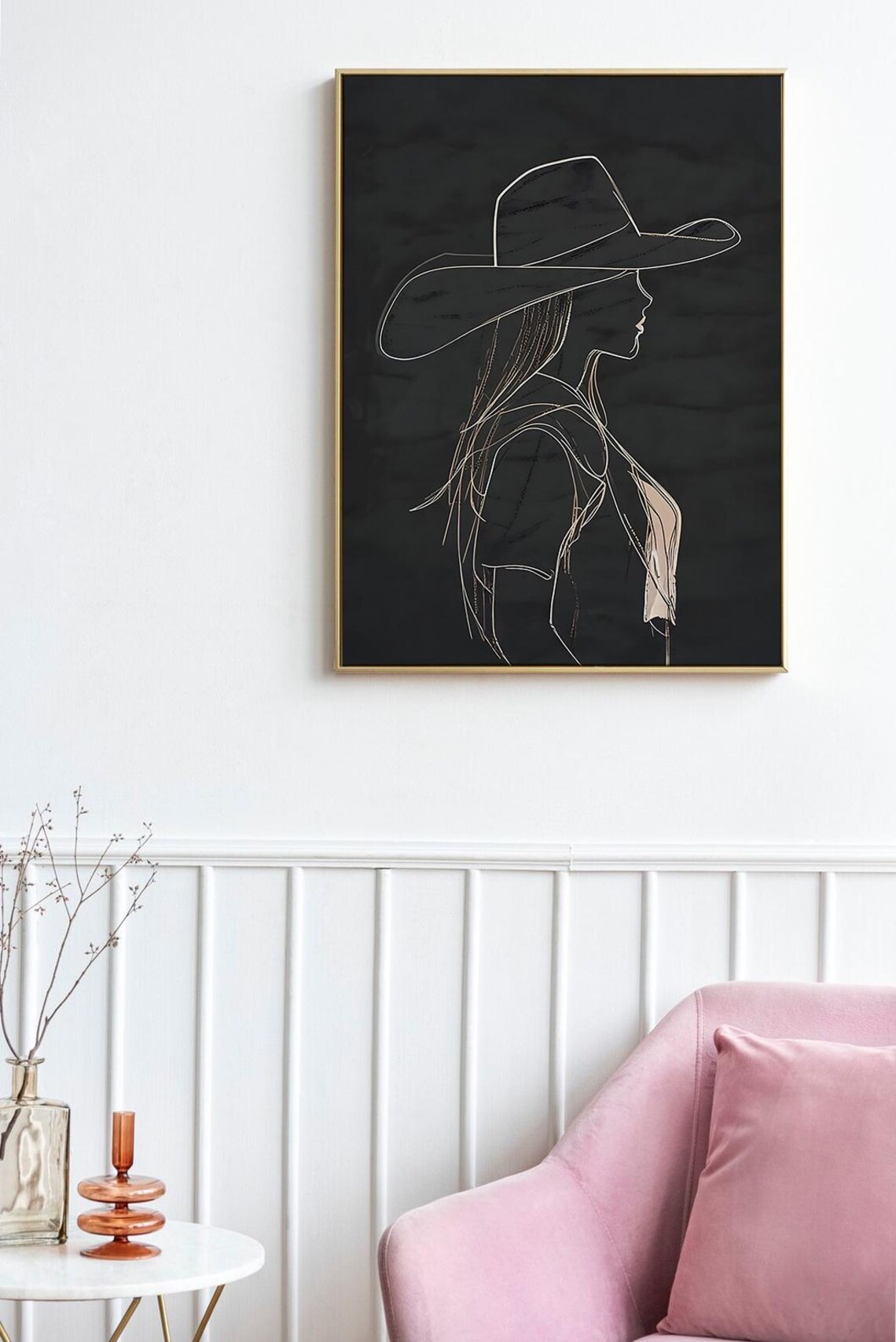 Minimal Cowgirl Line Art on Black Modern Western Silhouette Poster - Image 2