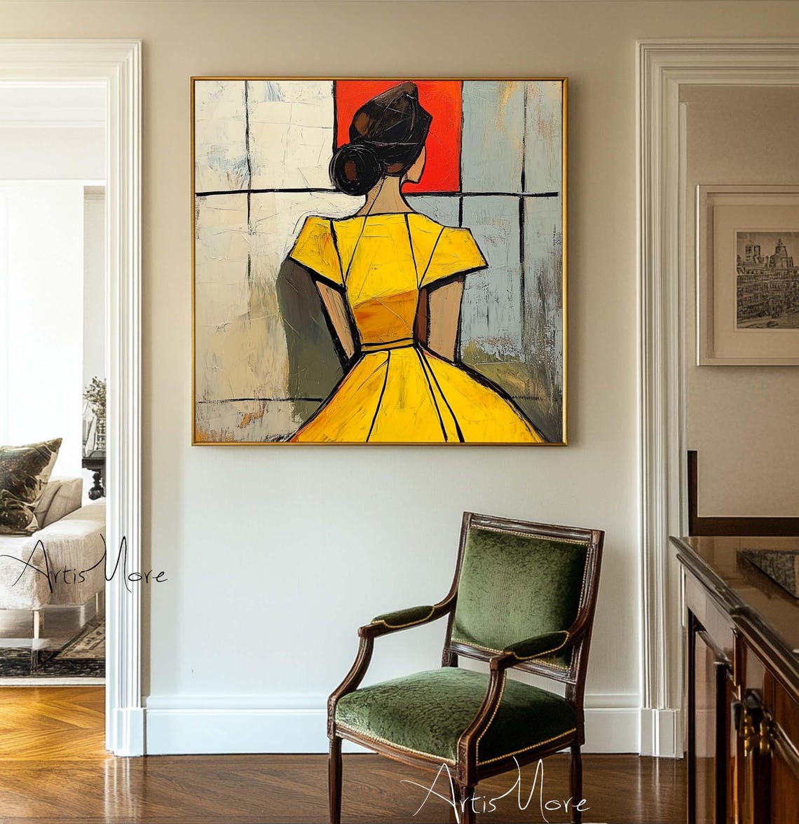 Abstract Woman Back View Yellow Dress Modern Figurative Art Poster - Image 4