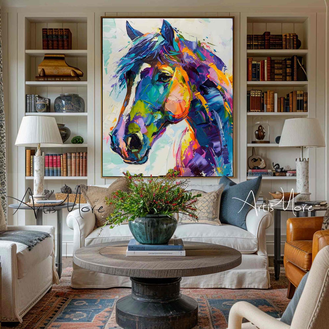 Horse Oil Texture Painting On Colorful Abstract Painting Horse Wall Art Colorful Animal Painting Large Horse Texture Wall Art