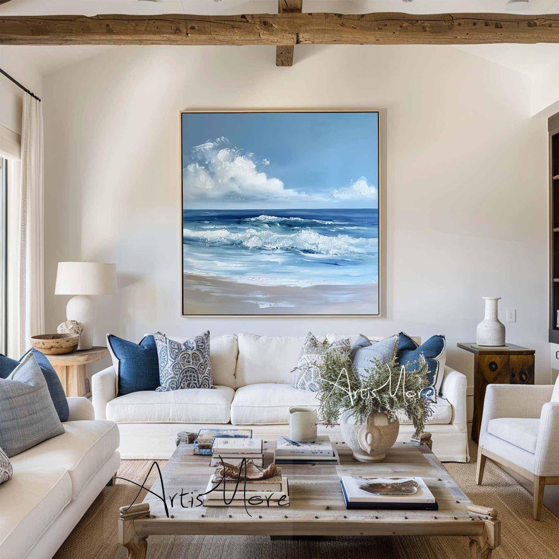 Ocean Wave Painting Blue Sky White Clouds Foamy Surf Beach Wall Art - Image 2