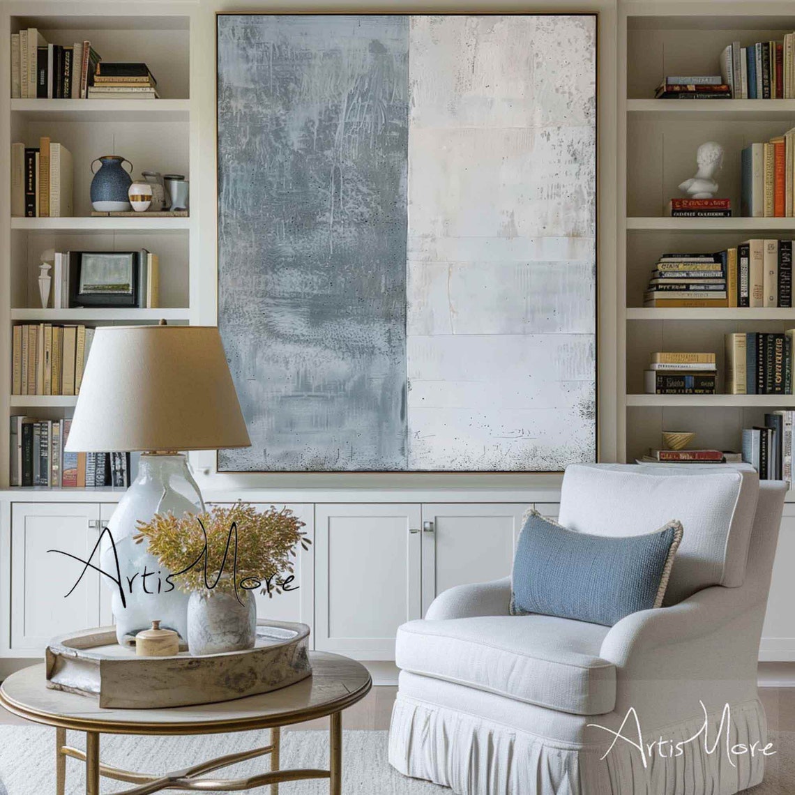 Blue White Minimalist Wabi Sabi Abstract Split Canvas Art Poster - Image 4