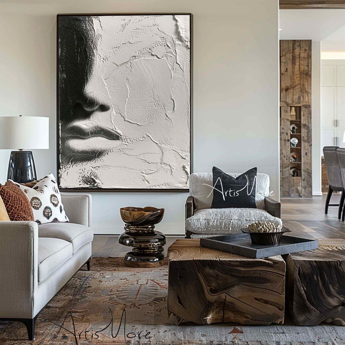 Black White Woman Face Painting Abstract Portrait Wall Art Female Woman Figure Painting Modern Texture Painting Contemporary Wall Art Decor - Image 4