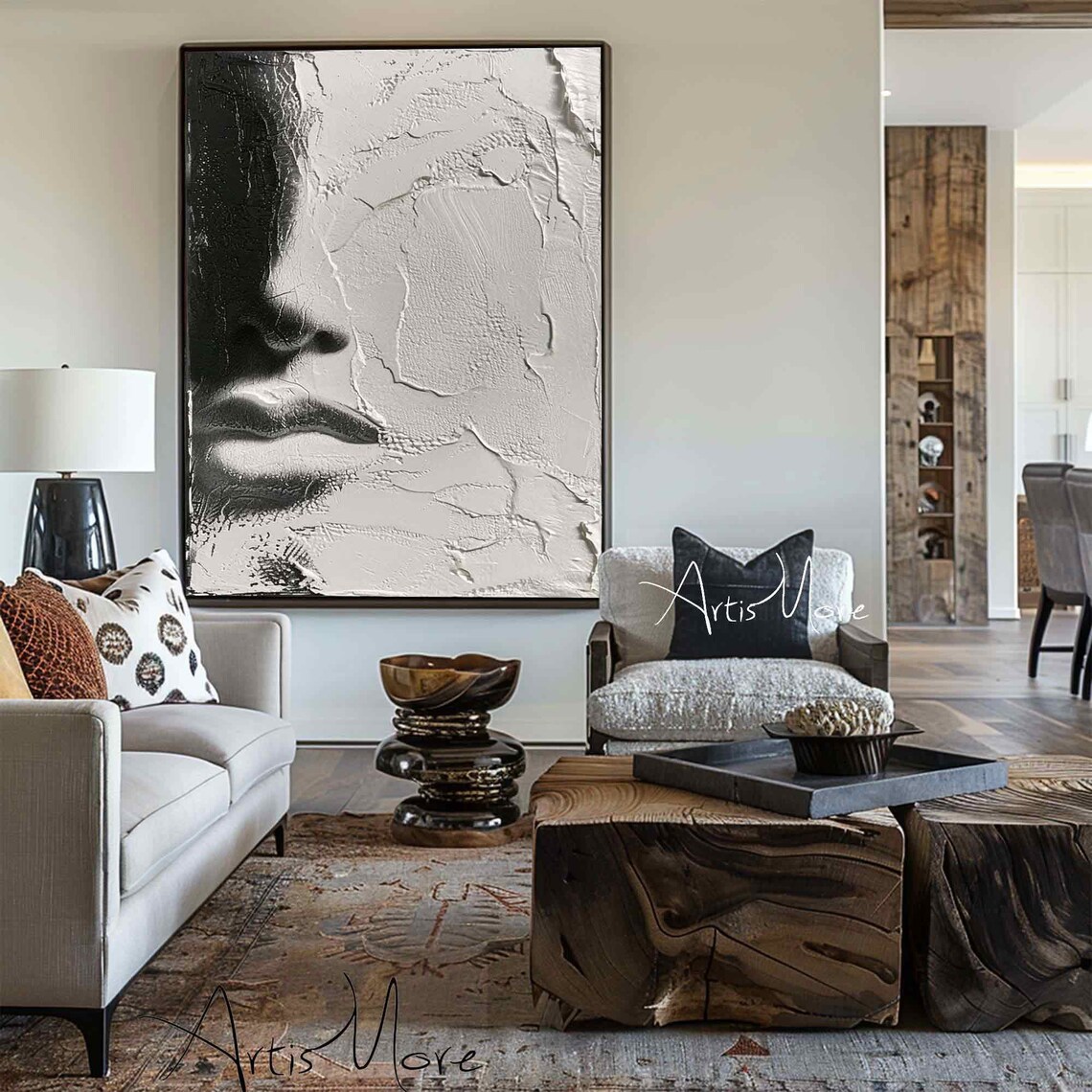 Black White Woman Face Profile Sculptural 3D Texture Abstract Portrait Wall Art - Image 4