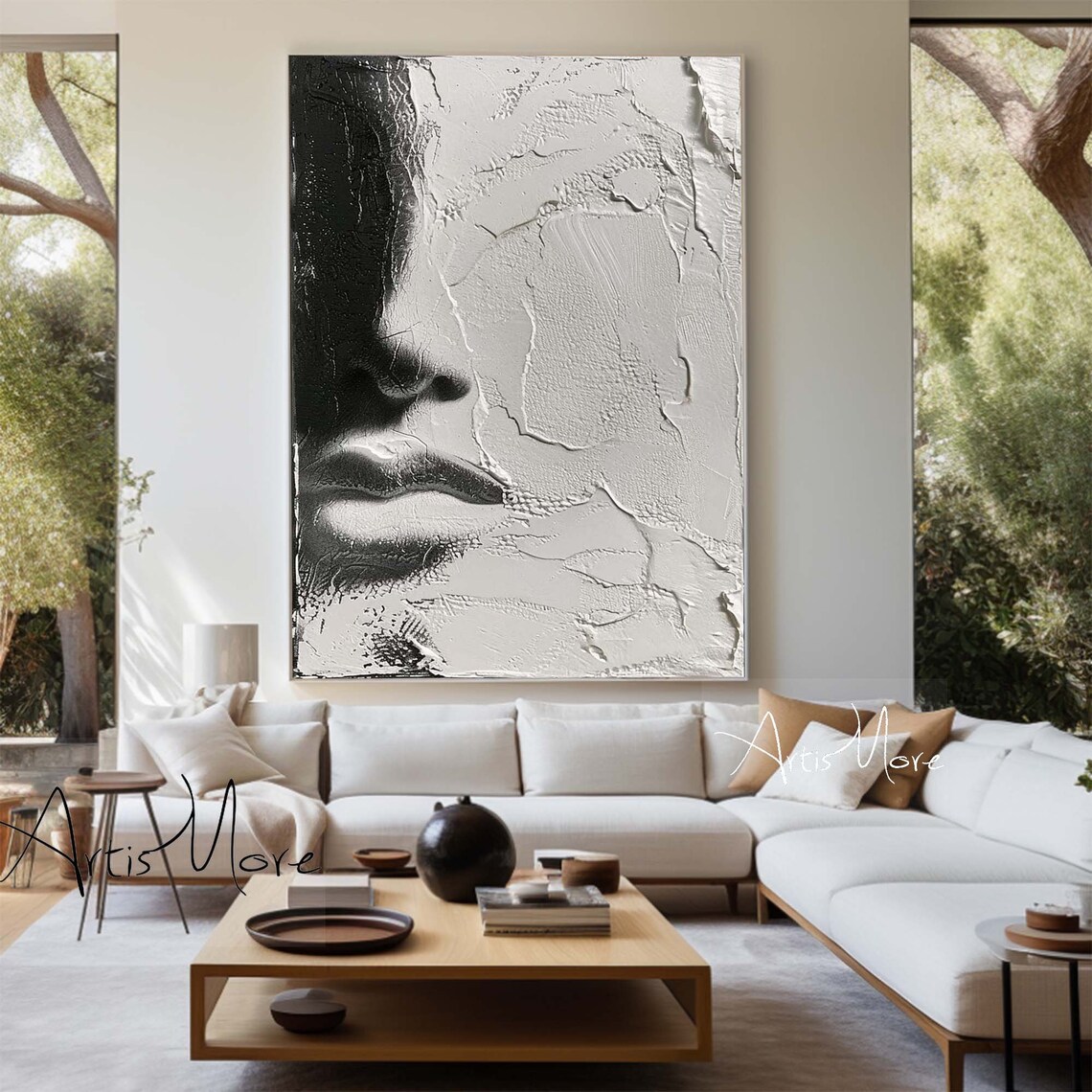 Black White Woman Face Profile Sculptural 3D Texture Abstract Portrait Wall Art - Image 3