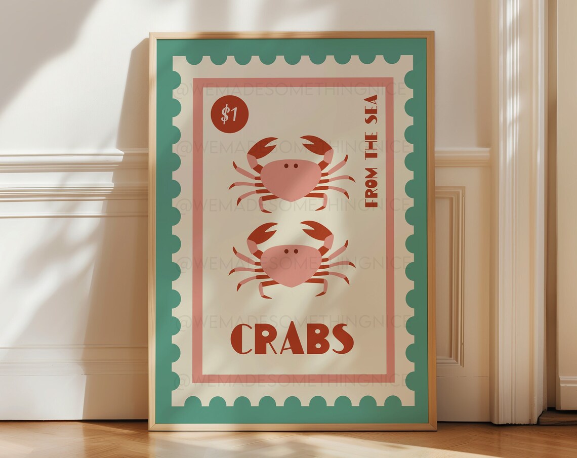 Crab Print, Vintage Coastal Food Art Poster