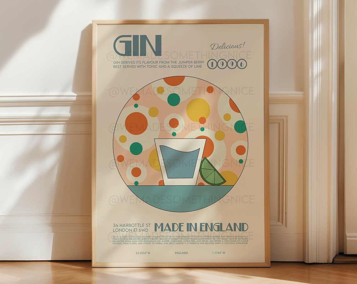 Gin Print Retro Cocktail Poster, Kitchen Decor