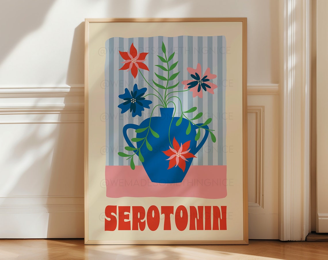 Serotonin Blue Vase Flowers Colorful Maximalist Floral Poster