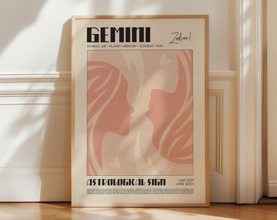 Gemini Horoscope Art Print, Astrological Poster