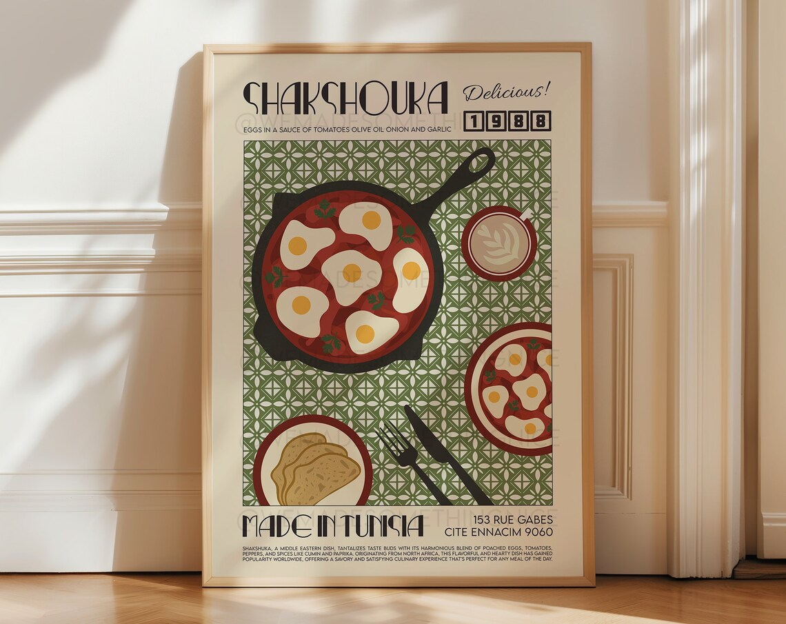 Shakshouka Kitchen Poster, Mid-Century Retro Food Art